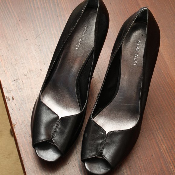 Black Leather Peep Toe Pumps - Picture 2 of 5
